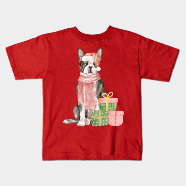 Christmas Boston Terrier Kids T-Shirt by Budwood Designs